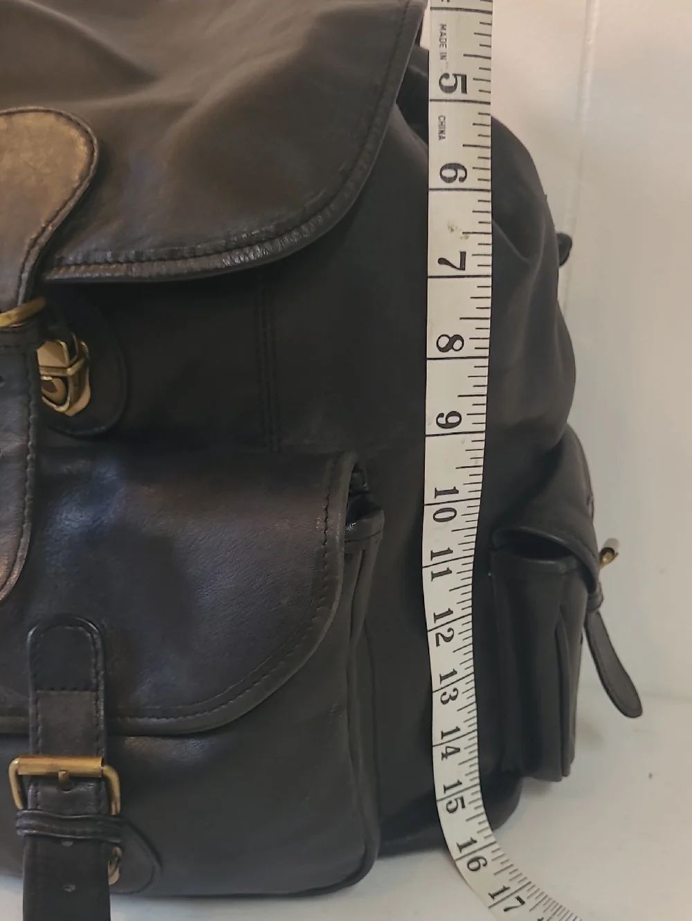 M. London Vintage Black Leather Patinaed Backpack Multi Pocket Drawstring Close